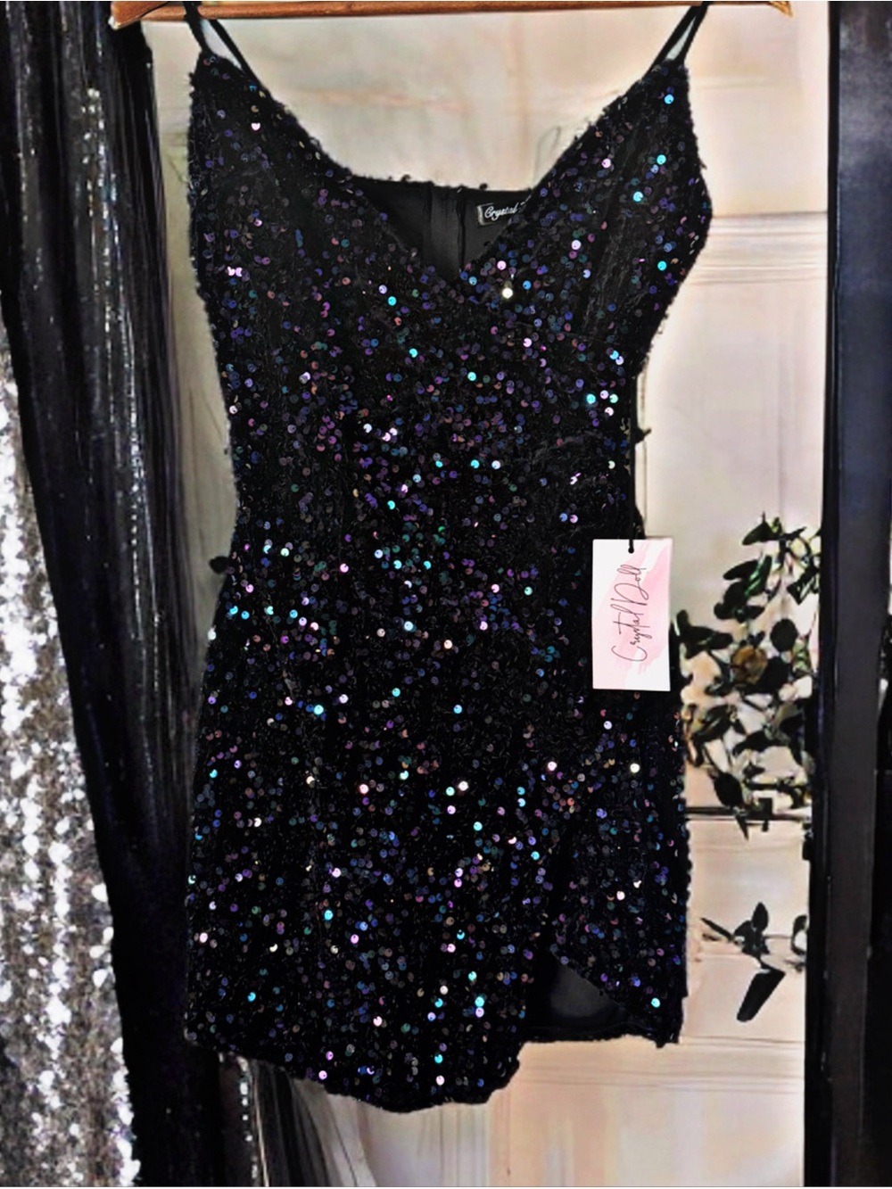 Crystal Doll Vevet Black Iridescent Sequin Mini Dress Y2K Party